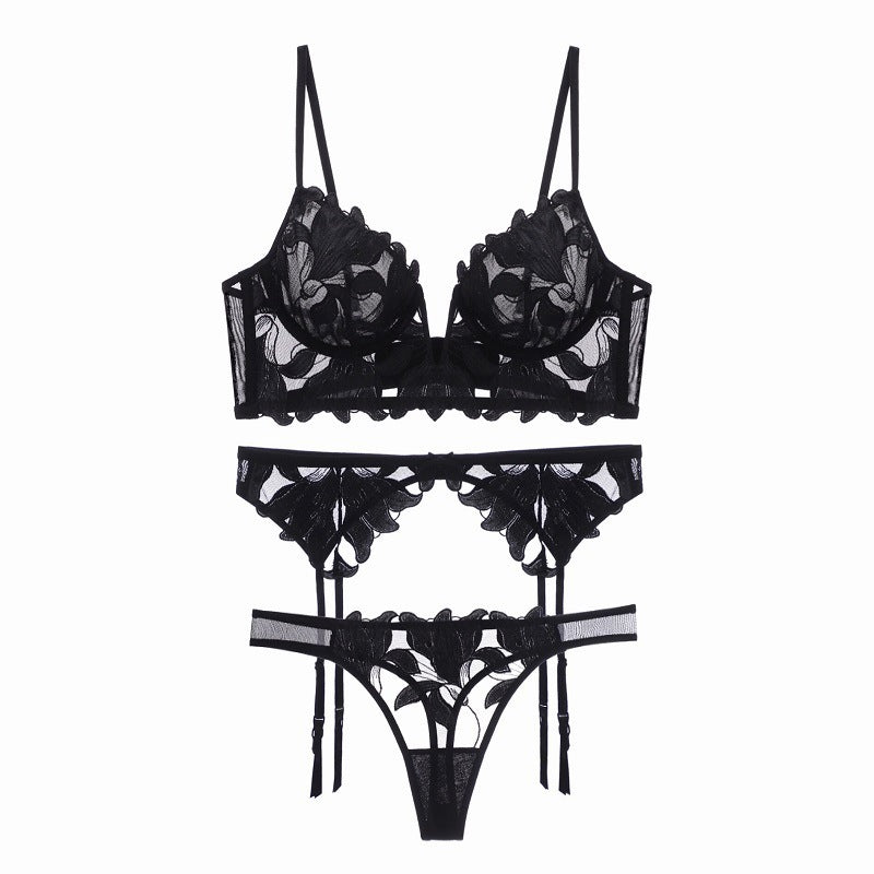 French Lace Heavy Embroidery Bra & Garter Set