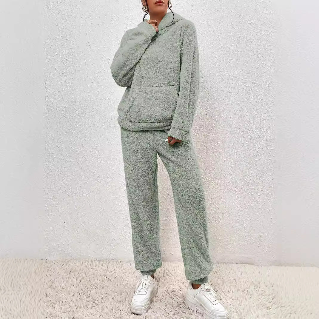 Vinterplyschpyjamas-set Mode, avslappnad luvtröja och byxor med resår – varma och mjuka hemmakläder för kvinnor
