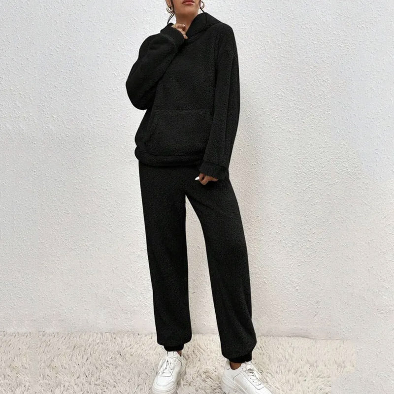 Vinterplyschpyjamas-set Mode, avslappnad luvtröja och byxor med resår – varma och mjuka hemmakläder för kvinnor